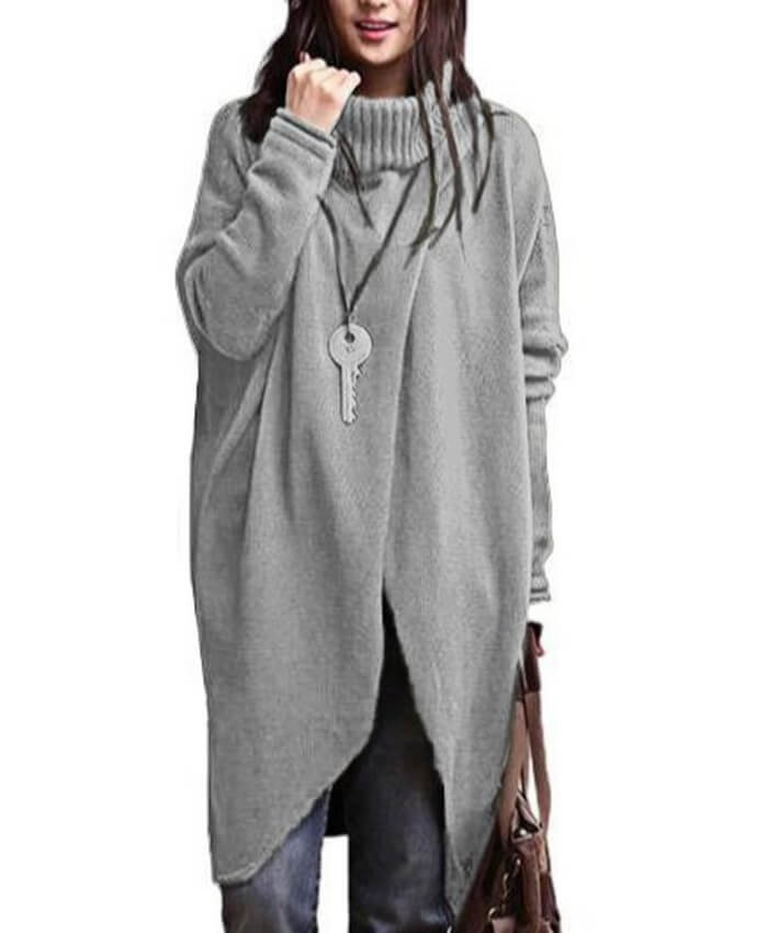 Turtleneck Asymmetric Hem Long Sleeve Grey Sweater